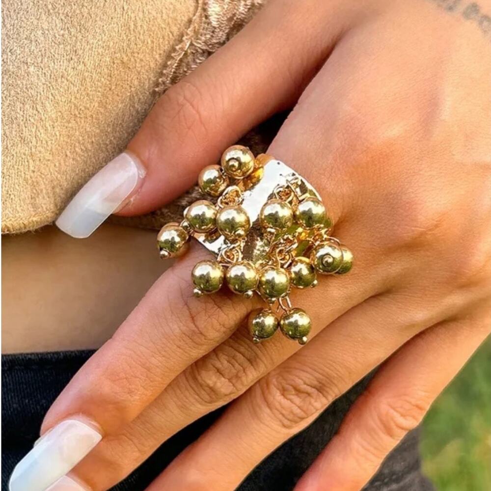 Gold Ball Dangle Charm Cluster Adjustable Statement Ring